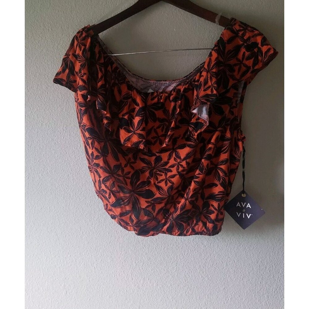 Ava and Viv XXL Top One Shoulder Ruffle Neckline Reddish Orange & Black Floral